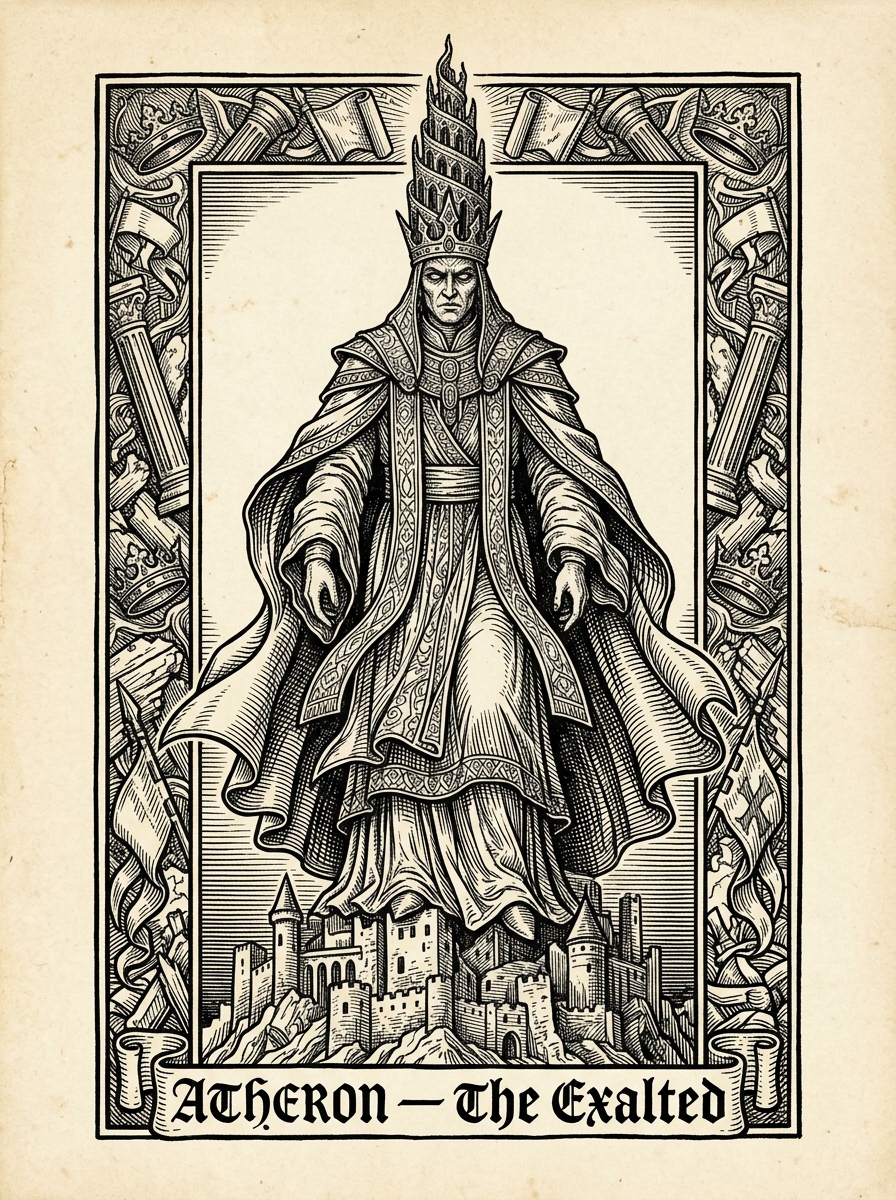 Artist's interpretation of Atheron, The Exalted, rendered as a black-ink woodcut engraving. The Sin-General has never been seen clearly; this is a sanctioned approximation.