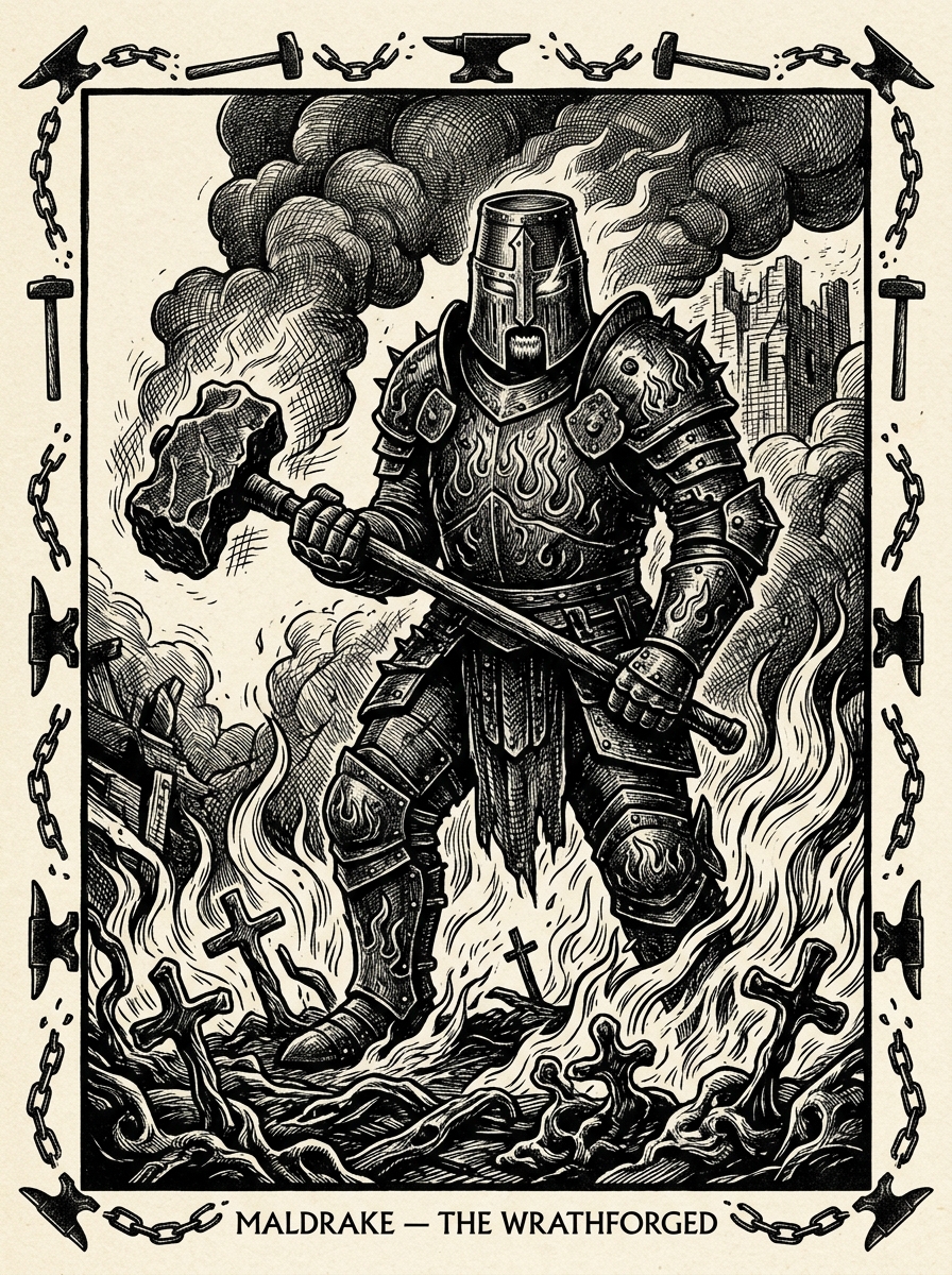 Artist's interpretation of Maldrake, The Wrathforged, rendered as a black-ink woodcut engraving. The Sin-General has never been seen clearly; this is a sanctioned approximation.