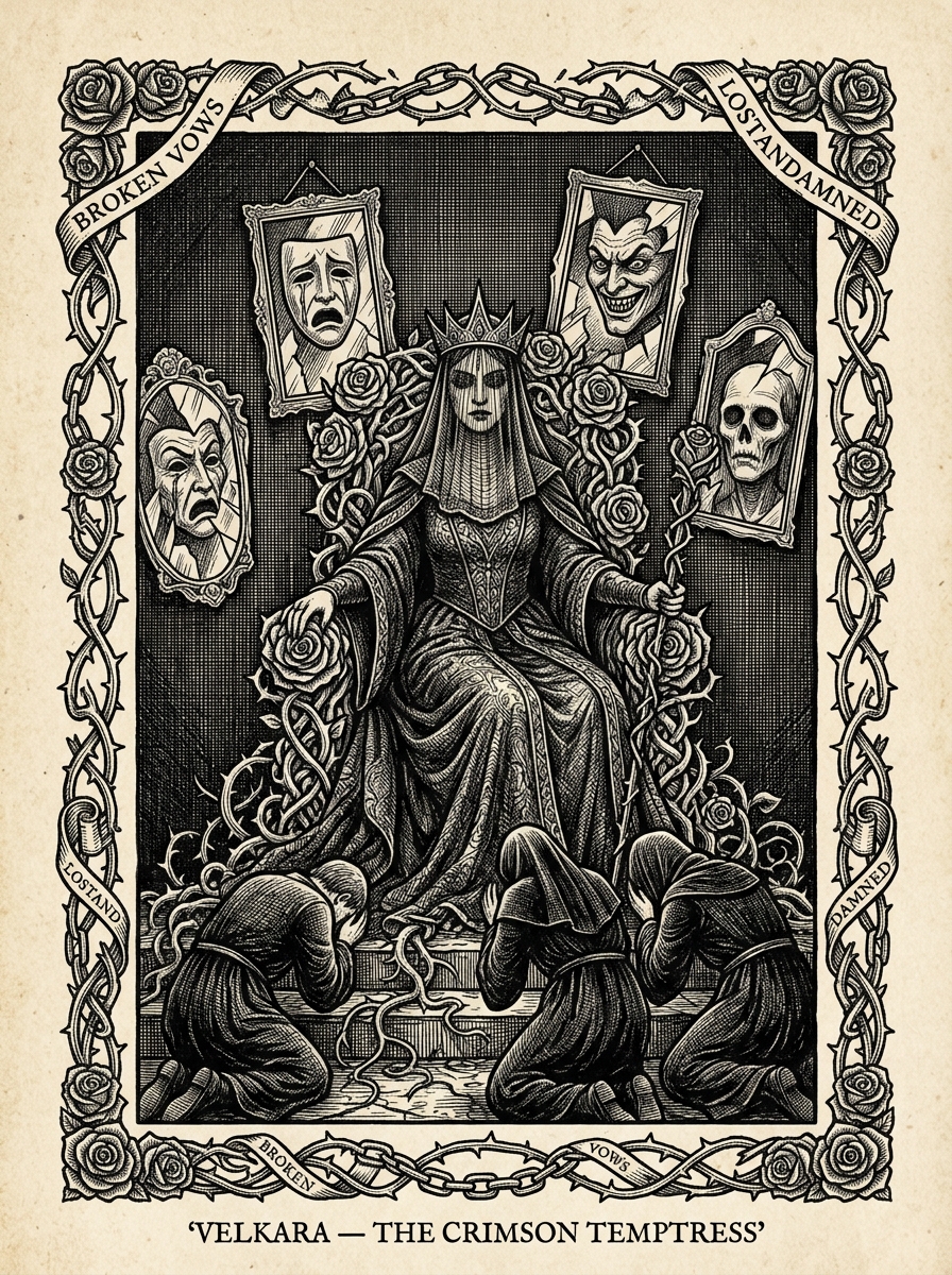 Artist's interpretation of Velkara, The Crimson Temptress, rendered as a black-ink woodcut engraving. The Sin-General has never been seen clearly; this is a sanctioned approximation.